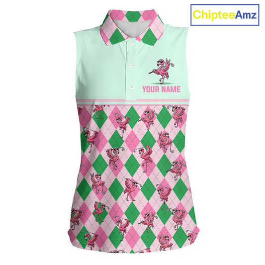 A sleeveless collared top with a pastel mint green upper section and a pink and green argyle patterned lower section, featuring cartoon dancing flamingos and the text 'YOUR NAME' on the chest. A 'ChipteeAmz' logo is visible in the top right corner.