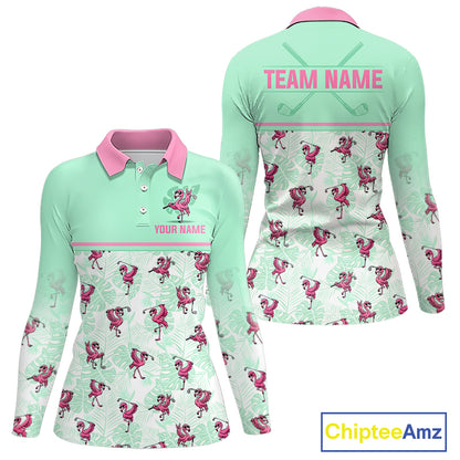Custom Flamingo Womens Golf Polo Shirt Personalized Name & Team Outfits Mint Green Pink Preppy Golf Shirt NHT1228