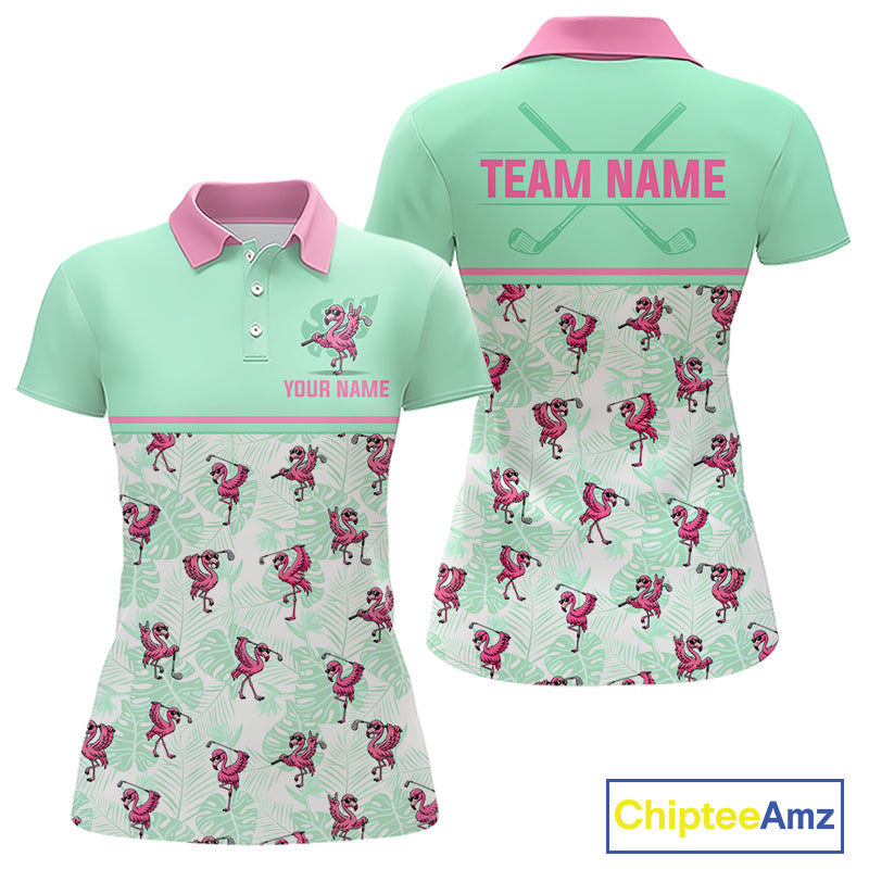 Custom Flamingo Womens Golf Polo Shirt Personalized Name & Team Outfits Mint Green Pink Preppy Golf Shirt NHT1228