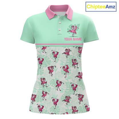 Custom Flamingo Womens Golf Polo Shirt Personalized Name & Team Outfits Mint Green Pink Preppy Golf Shirt NHT1228