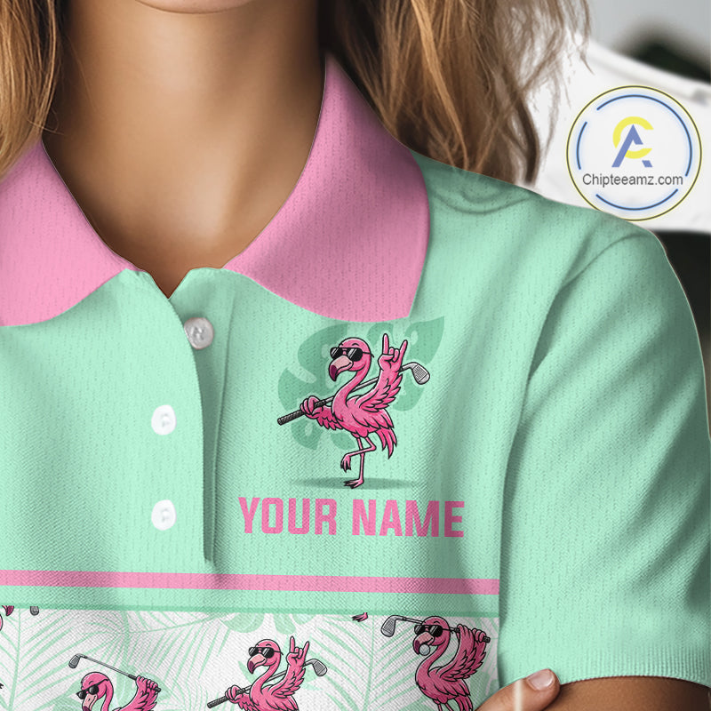 Custom Flamingo Womens Golf Polo Shirt Personalized Name & Team Outfits Mint Green Pink Preppy Golf Shirt NHT1228