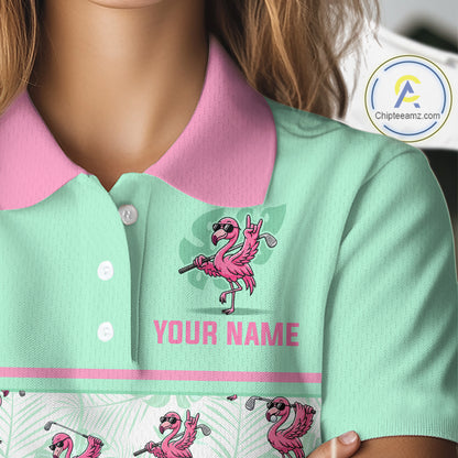 Custom Flamingo Womens Golf Polo Shirt Personalized Name & Team Outfits Mint Green Pink Preppy Golf Shirt NHT1228