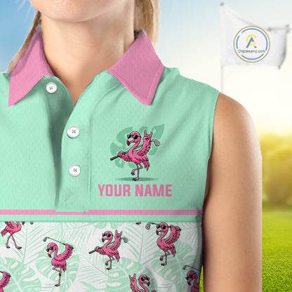 Custom Flamingo Womens Sleeveless Golf Polo Shirt Personalized Name Outfits Mint Green Pink Preppy Golf Shirt NHT1228