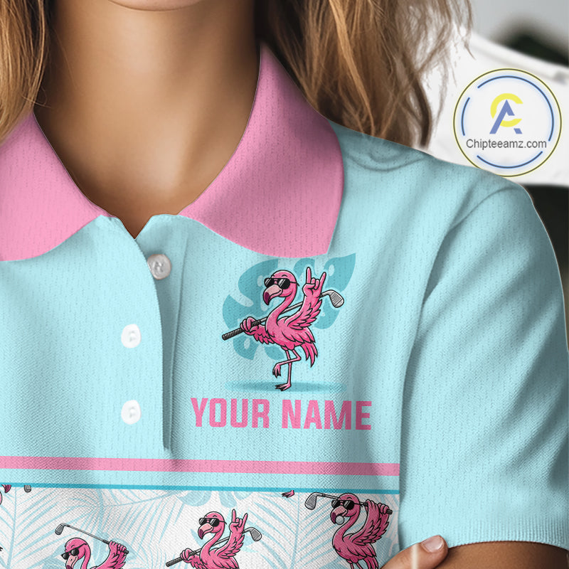 Custom Flamingo Womens Golf Polo Shirt Personalized Name & Team Outfits Light Blue Pink Preppy Golf Shirt NHT1229