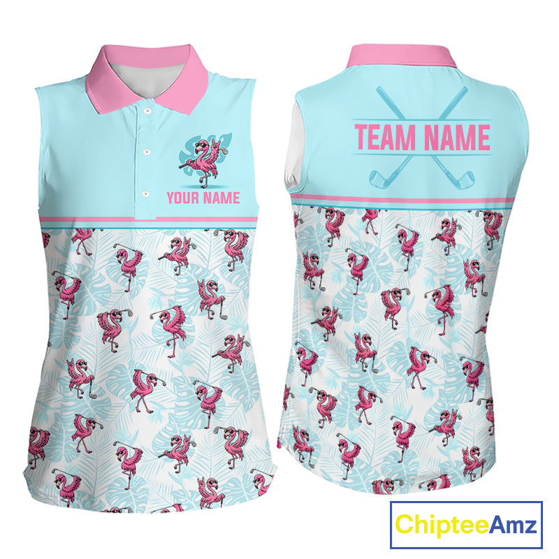 Custom Flamingo Womens Sleeveless Golf Polo Shirt Personalized Name Outfits Light Blue Pink Preppy Golf Shirt NHT1229