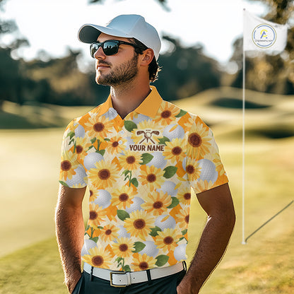 Personalized Sunflower Mens Golf Polo Shirt Custom Name Floral Golf Polo For Men 
