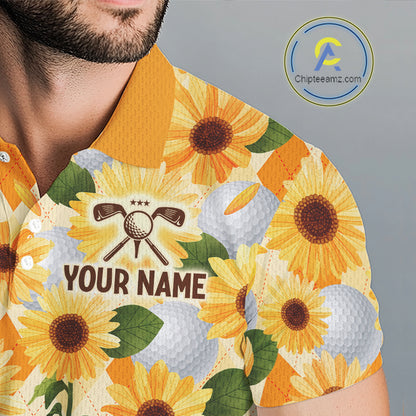 Personalized Sunflower Mens Golf Polo Shirt Custom Name Floral Golf Polo For Men 