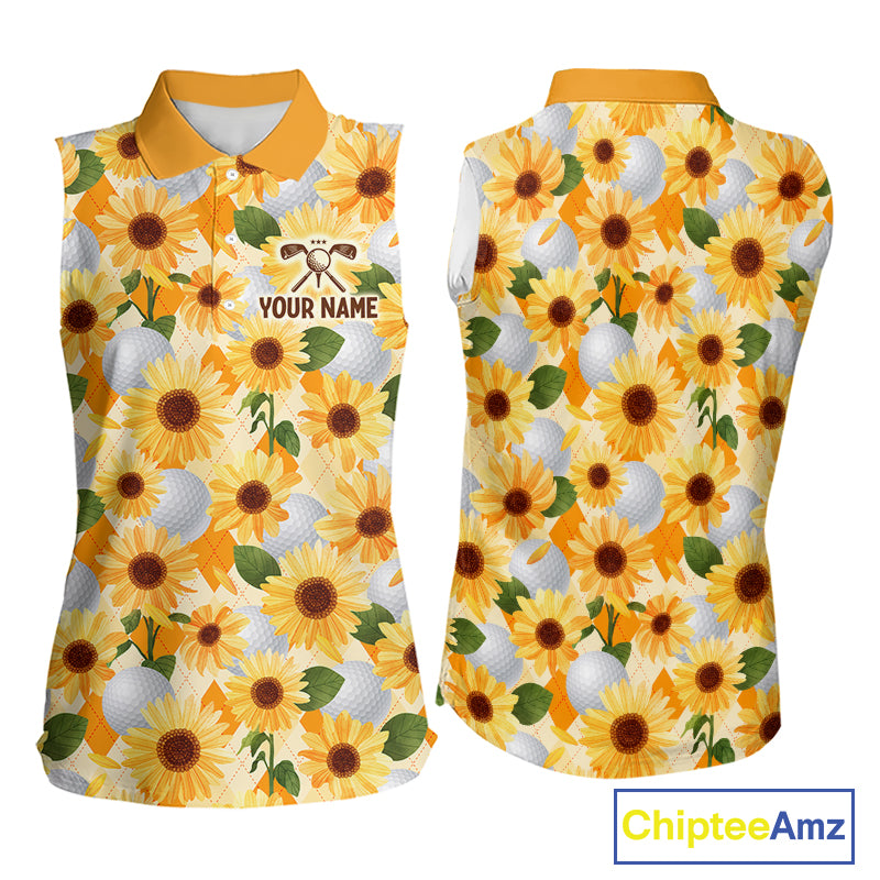 Personalized Sunflower Womens Sleeveless Golf Polo Shirt Custom Name Floral Golf Polo For Women 