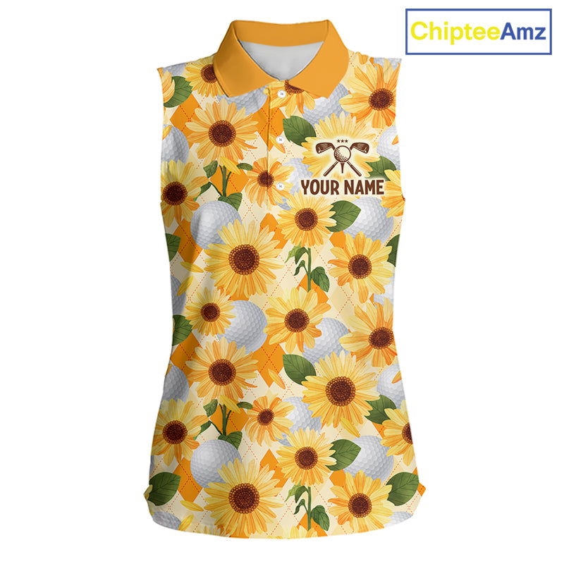 Personalized Sunflower Womens Sleeveless Golf Polo Shirt Custom Name Floral Golf Polo For Women 