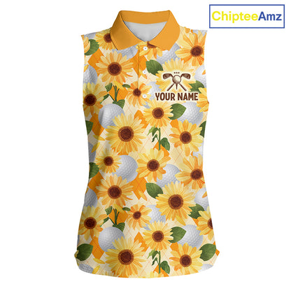 Personalized Sunflower Womens Sleeveless Golf Polo Shirt Custom Name Floral Golf Polo For Women 
