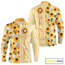 Load image into Gallery viewer, Personalized Sunflower Mens Golf Polo Shirt Custom Name Golf Ball Floral Polo Shirt 