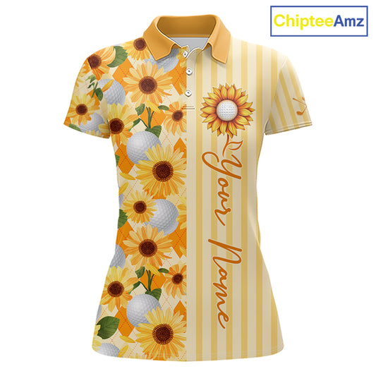 Personalized Sunflower Womens Golf Polo Shirt Custom Name Golf Ball Floral Polo Shirt 