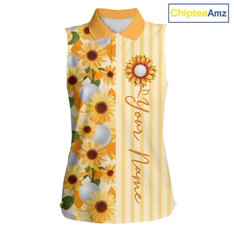 Personalized Sunflower Womens Sleeveless Golf Polo Shirt Custom Name Golf Ball Floral Polo Shirt 