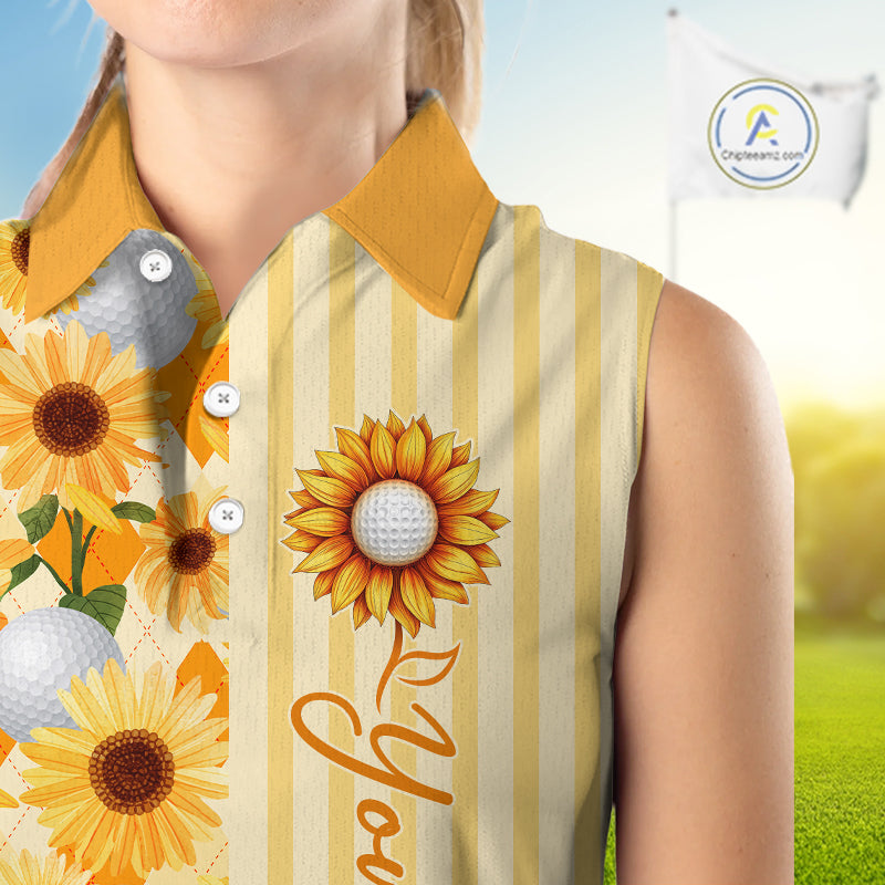 Personalized Sunflower Womens Sleeveless Golf Polo Shirt Custom Name Golf Ball Floral Polo Shirt 