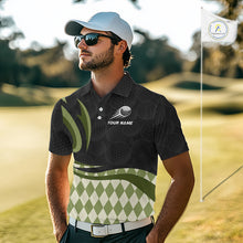 Load image into Gallery viewer, Personalized Mens Golf Polo Shirt Custom Name, Black Green Argyle Golf Team Polo 