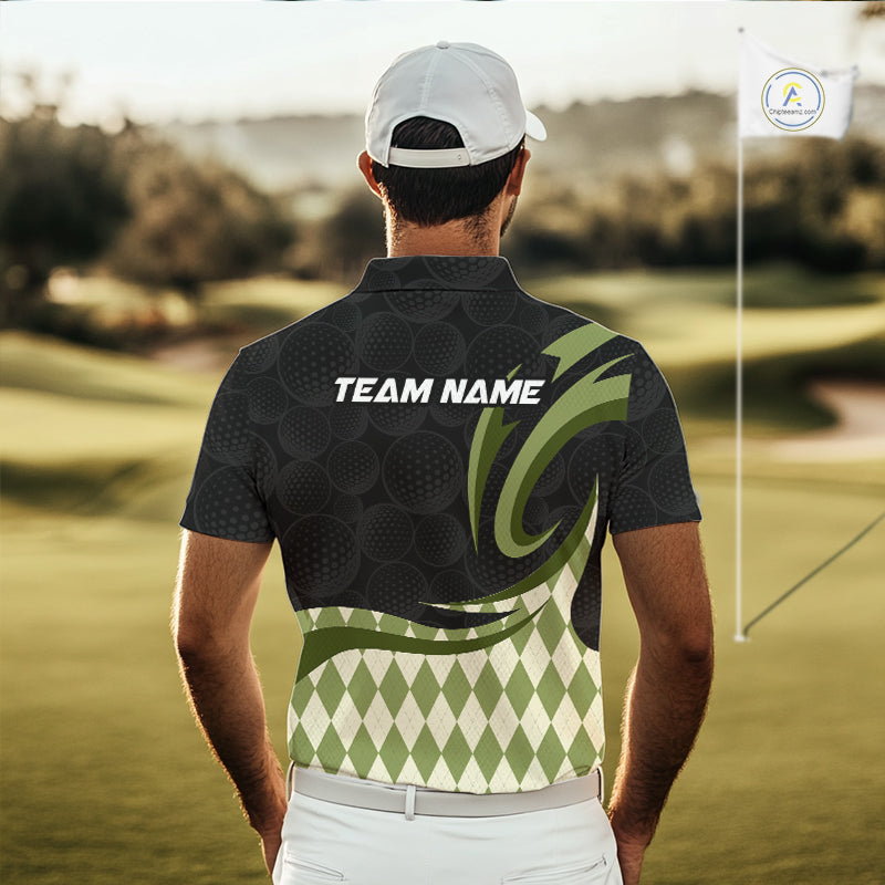 Personalized Mens Golf Polo Shirt Custom Name, Black Green Argyle Golf Team Polo 