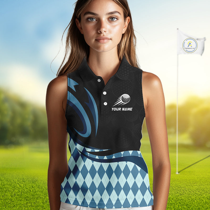 Personalized Womens Sleeveless Golf Polo Shirt Custom Name, Black Blue Argyle Golf Team Polo 
