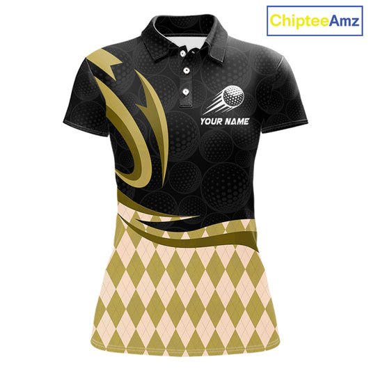 Personalized Womens Golf Polo Shirt Custom Name, Black Yellow Argyle Golf Team Polo 