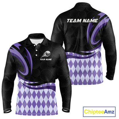Personalized Mens Golf Polo Shirt Custom Name, Black Purple Argyle Golf Team Polo 