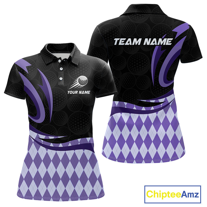 Personalized Womens Golf Polo Shirt Custom Name, Black Purple Argyle Golf Team Polo 