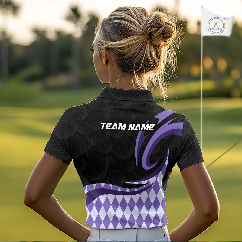 Personalized Womens Golf Polo Shirt Custom Name, Black Purple Argyle Golf Team Polo 