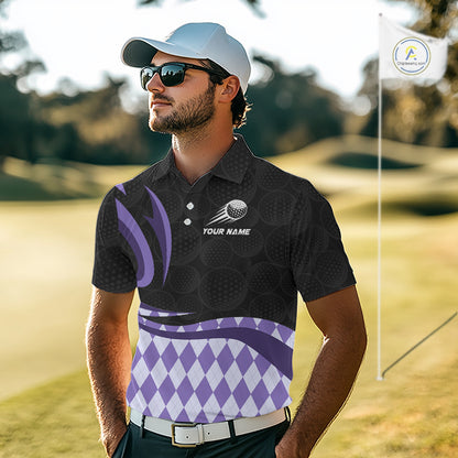 Personalized Mens Golf Polo Shirt Custom Name, Black Purple Argyle Golf Team Polo 