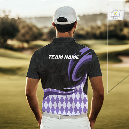 Personalized Mens Golf Polo Shirt Custom Name, Black Purple Argyle Golf Team Polo 