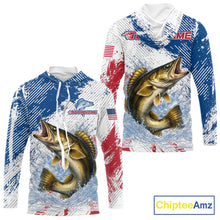 Load image into Gallery viewer, Custom Patriotic American Flag Walleye Hooded Fishing Shirts Long Sleeve, Fishing Tournament Jerseys NHT549
