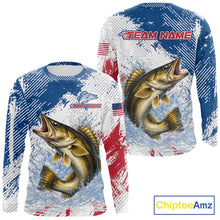 Load image into Gallery viewer, Custom Patriotic American Flag Walleye Fishing Shirts Long Sleeve, Fishing Tournament Jerseys NHT549