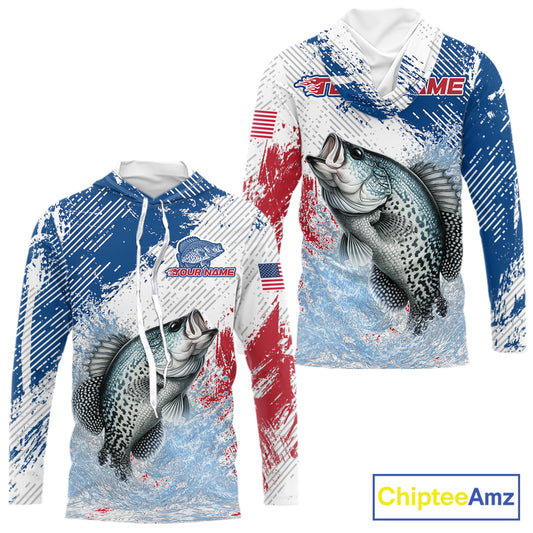 Custom Patriotic American Flag Crappie Fishing Shirts Long Sleeve Hooded, Fishing Tournament Jerseys NHT550
