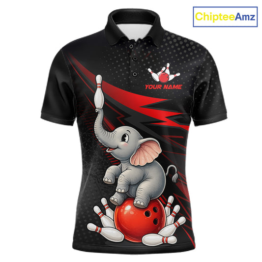 A black short-sleeve polo shirt with a cartoon elephant balancing on a red bowling ball and pins, plus red lightning-style graphics and a small 'YOUR NAME' bowling pin graphic on the chest. The shirt is shown on a white background with a ChipteeAmz logo in the top right corner.