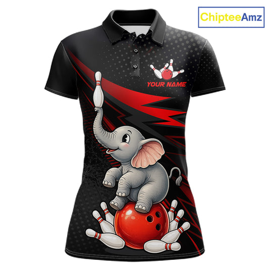 A women's short-sleeve polo shirt with a bowling-themed graphic featuring a cartoon baby elephant sitting on a red bowling ball with white bowling pins and a red bowling ball. The shirt has a black base with red and gray graphic elements, a dotted pattern on the shoulders, and customizable text 'YOUR NAME' on the chest.