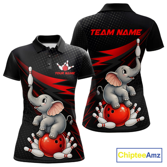 Custom black short-sleeve polo shirt shown from the front and back, featuring a cartoon baby elephant sitting on a red bowling ball with bowling pins and a red bowling ball. The front has a small customizable bowling pin graphic and the text 'YOUR NAME', while the back has 'TEAM NAME' in red.