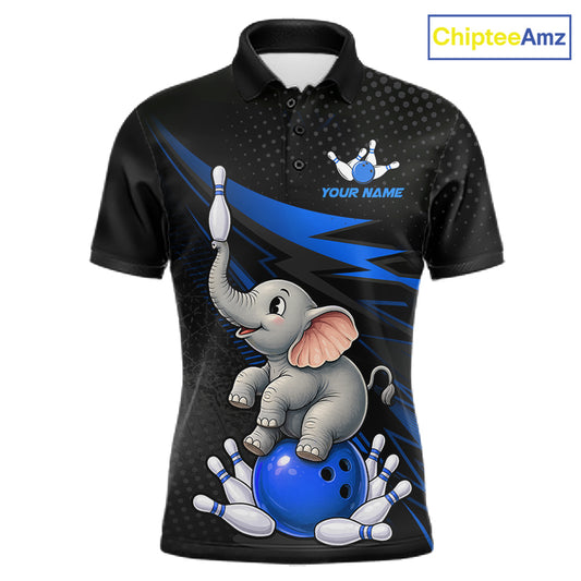 A black short-sleeve polo shirt with a cartoon baby elephant balancing on a blue bowling ball among bowling pins, with blue lightning accents and the text 'YOUR NAME' on the chest. A 'ChipteeAmz' logo is visible in the top right corner