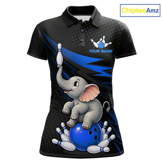 A women's short-sleeve polo shirt with a black base, blue graphic accents, and a cartoon elephant sitting on a bowling ball with bowling pins. The shirt includes a customizable name placeholder and a ChipteeAmz logo in the top right corner.
