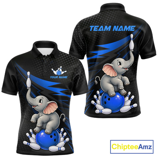Custom black short-sleeve polo shirt shown from front and back, featuring a cartoon baby elephant balancing on a blue bowling ball with bowling pins. The front has a small blue bowling pin graphic with placeholder text 'YOUR NAME', and the back has 'TEAM NAME' in blue.