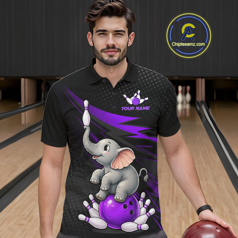 A man wearing a black short-sleeve bowling shirt with a cartoon baby elephant sitting on a purple bowling ball, surrounded by bowling pins, with a purple lightning bolt and the text 'YOUR NAME' on the chest. The background shows bowling lanes, and a 'Chipleeamz.