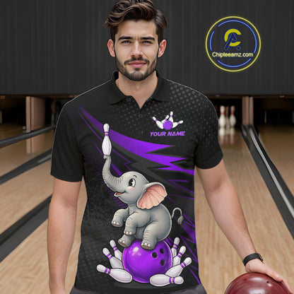 A man wearing a black short-sleeve bowling shirt with a cartoon baby elephant sitting on a purple bowling ball, surrounded by bowling pins, with a purple lightning bolt and the text 'YOUR NAME' on the chest. The background shows bowling lanes, and a 'Chipleeamz.