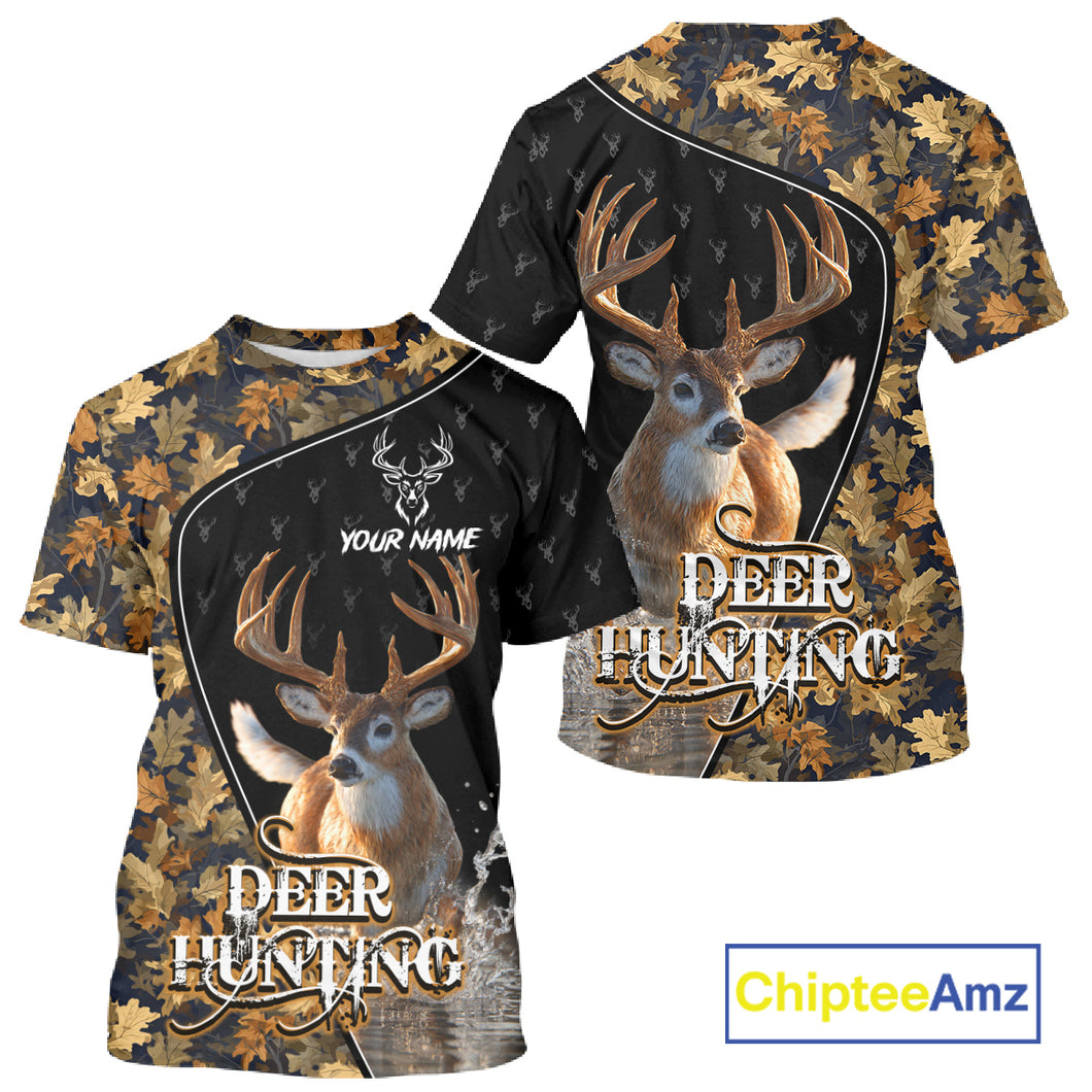 Whitetail Deer Hunting Clothes Custom Name Beautiful Autumn Leaves Camo Hunting Gifts NHT42