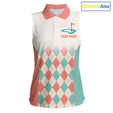 Load image into Gallery viewer, Argyle Pattern Womens Sleeveless Golf Polo Shirts For Womens Custom Name, Golf Pattern Orange Turquoise Shirt Gifts NHT929