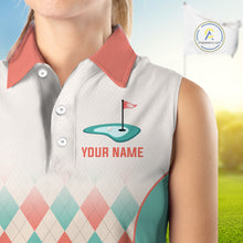 Load image into Gallery viewer, Argyle Pattern Womens Sleeveless Golf Polo Shirts For Womens Custom Name, Golf Pattern Orange Turquoise Shirt Gifts NHT929