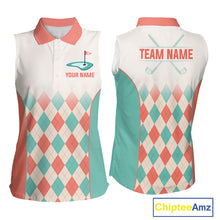 Load image into Gallery viewer, Argyle Pattern Womens Sleeveless Golf Polo Shirts For Womens Custom Name, Golf Pattern Orange Turquoise Shirt Gifts NHT929