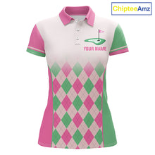 Load image into Gallery viewer, Argyle Pattern Golf Polo Shirts For Womens Custom Name, Golf Pattern Pink Green Shirt Gifts NHT930