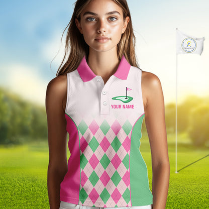 Argyle Pattern Womens Sleeveless Golf Polo Shirts For Womens Custom Name, Golf Pattern Pink Green Shirt Gifts NHT930