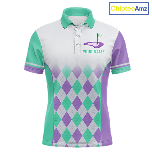 Argyle Pattern Golf Polo Shirts For Mens Custom Name, Golf Pattern Turquoise Purple Shirt Gifts NHT932