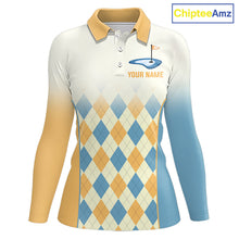Load image into Gallery viewer, Argyle Pattern Golf Polo Shirts For Womens Custom Name, Golf Pattern Yellow Blue Shirt Gifts NHT933