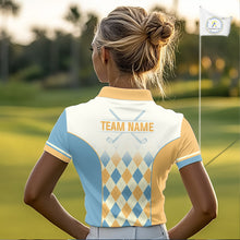 Load image into Gallery viewer, Argyle Pattern Golf Polo Shirts For Womens Custom Name, Golf Pattern Yellow Blue Shirt Gifts NHT933