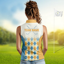 Load image into Gallery viewer, Argyle Pattern Womens Sleeveless Golf Polo Shirts For Womens Custom Name, Golf Pattern Yellow Blue Shirt Gifts NHT933