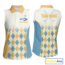 Load image into Gallery viewer, Argyle Pattern Womens Sleeveless Golf Polo Shirts For Womens Custom Name, Golf Pattern Yellow Blue Shirt Gifts NHT933