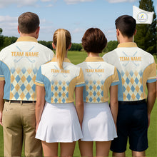 Load image into Gallery viewer, Argyle Pattern Golf Polo Shirts For Womens Custom Name, Golf Pattern Yellow Blue Shirt Gifts NHT933